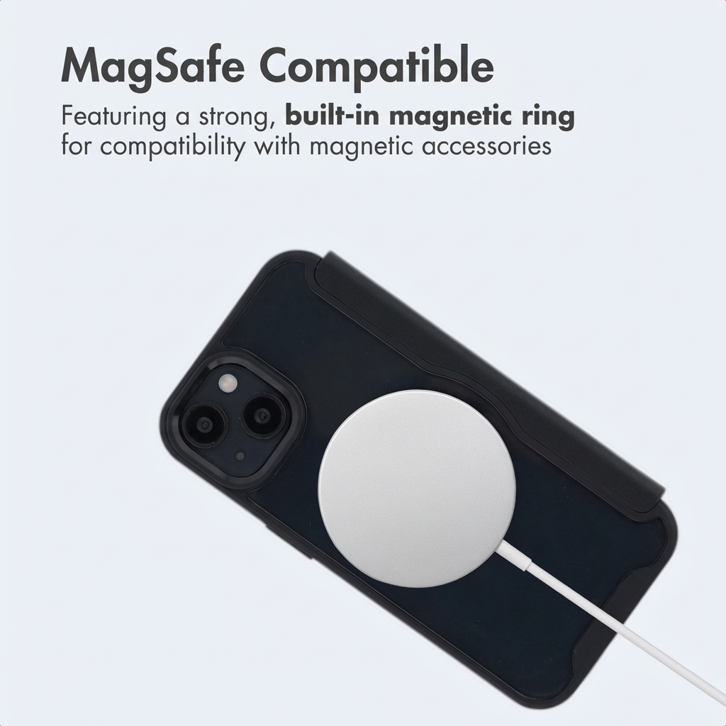 MagSafe-kompatible Handyhülle mit einem angebrachten magnetischen Ladegerät auf weißem Hintergrund.