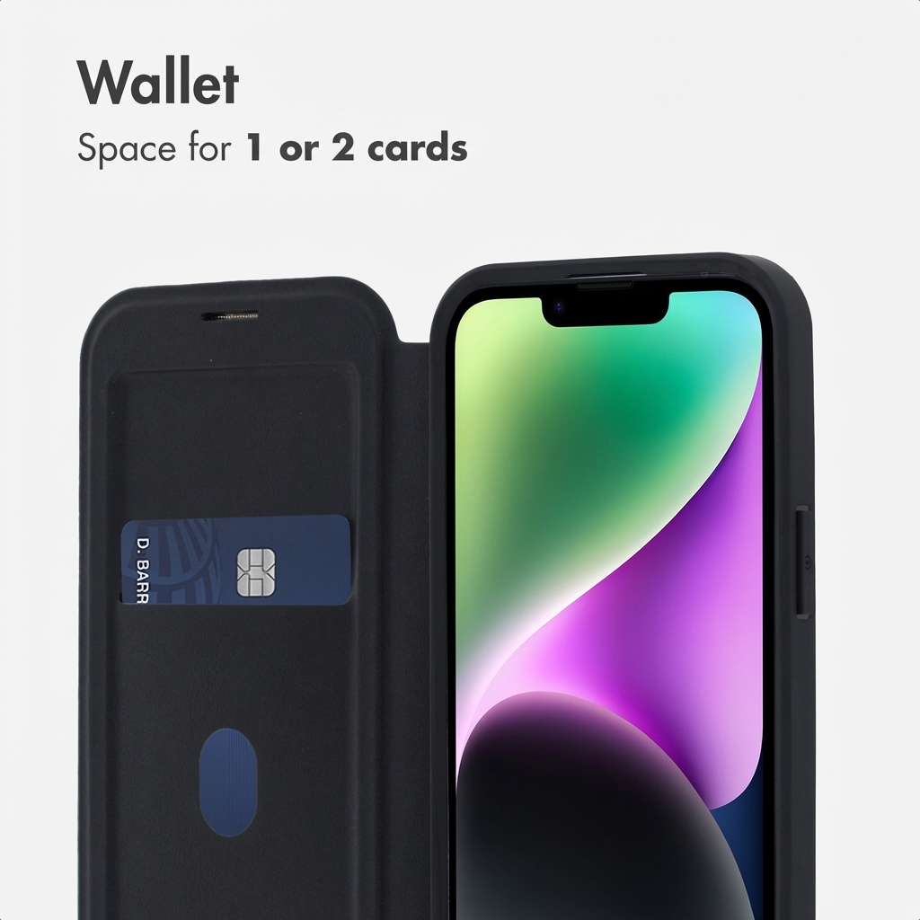 Schwarze Klapp-Handyhülle mit Kartenfach für ein bis zwei Karten und einem Smartphone mit bunten Bildschirm.
