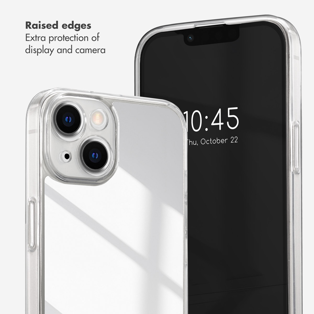 Un teléfono en una funda transparente que muestra bordes elevados para proteger la cámara y pantalla.