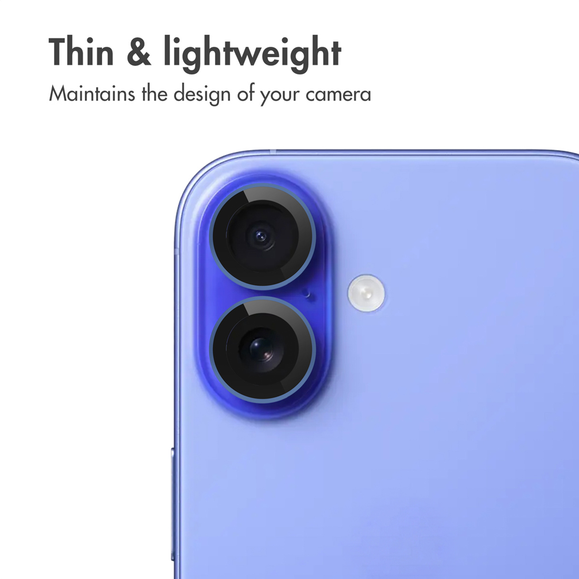 Close-up van een lichtblauwe smartphonecamera met tekst erboven.