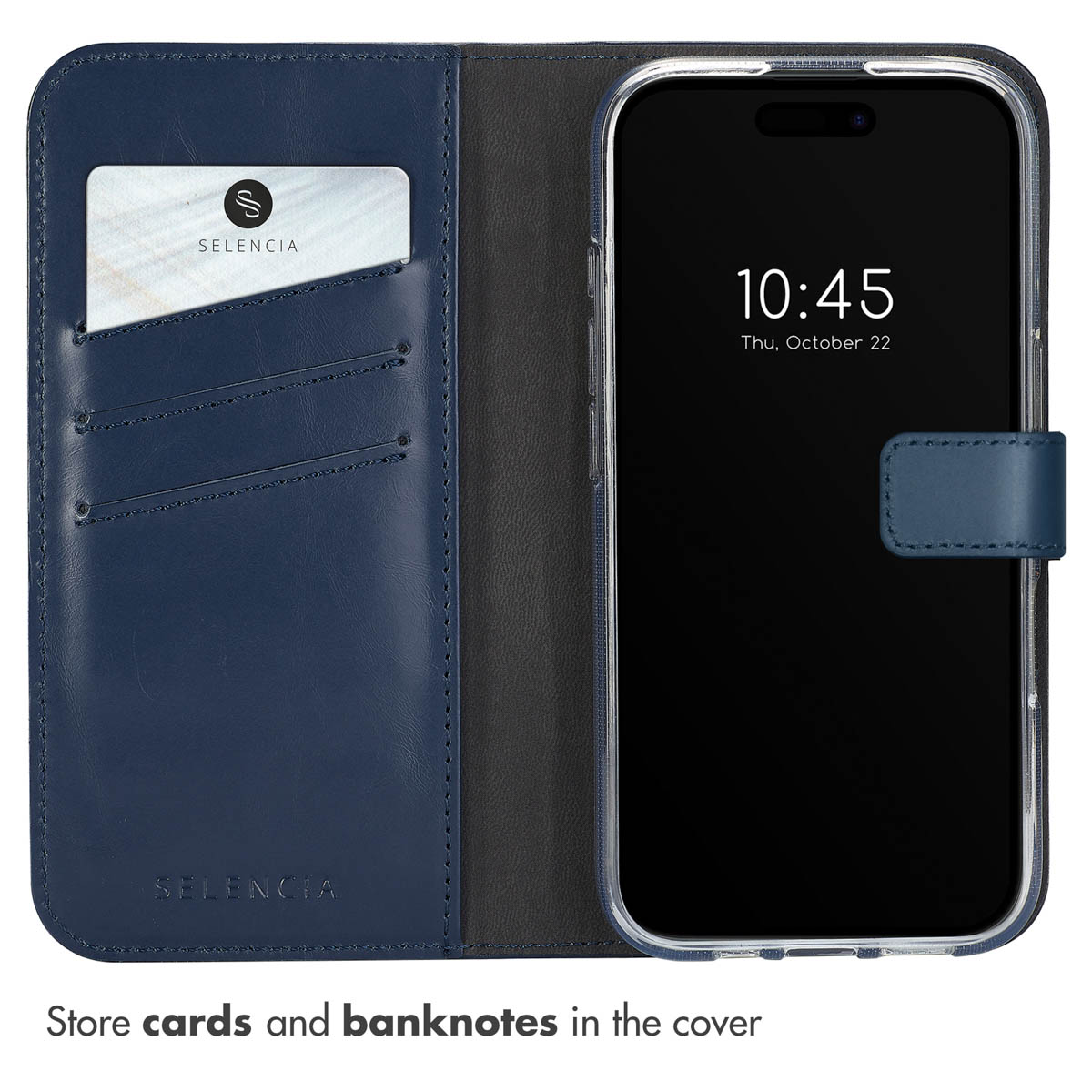 Ein blaues Leder-Handy-Etui mit integrierten Kartenfächern und einem Smartphone auf der rechten Seite.