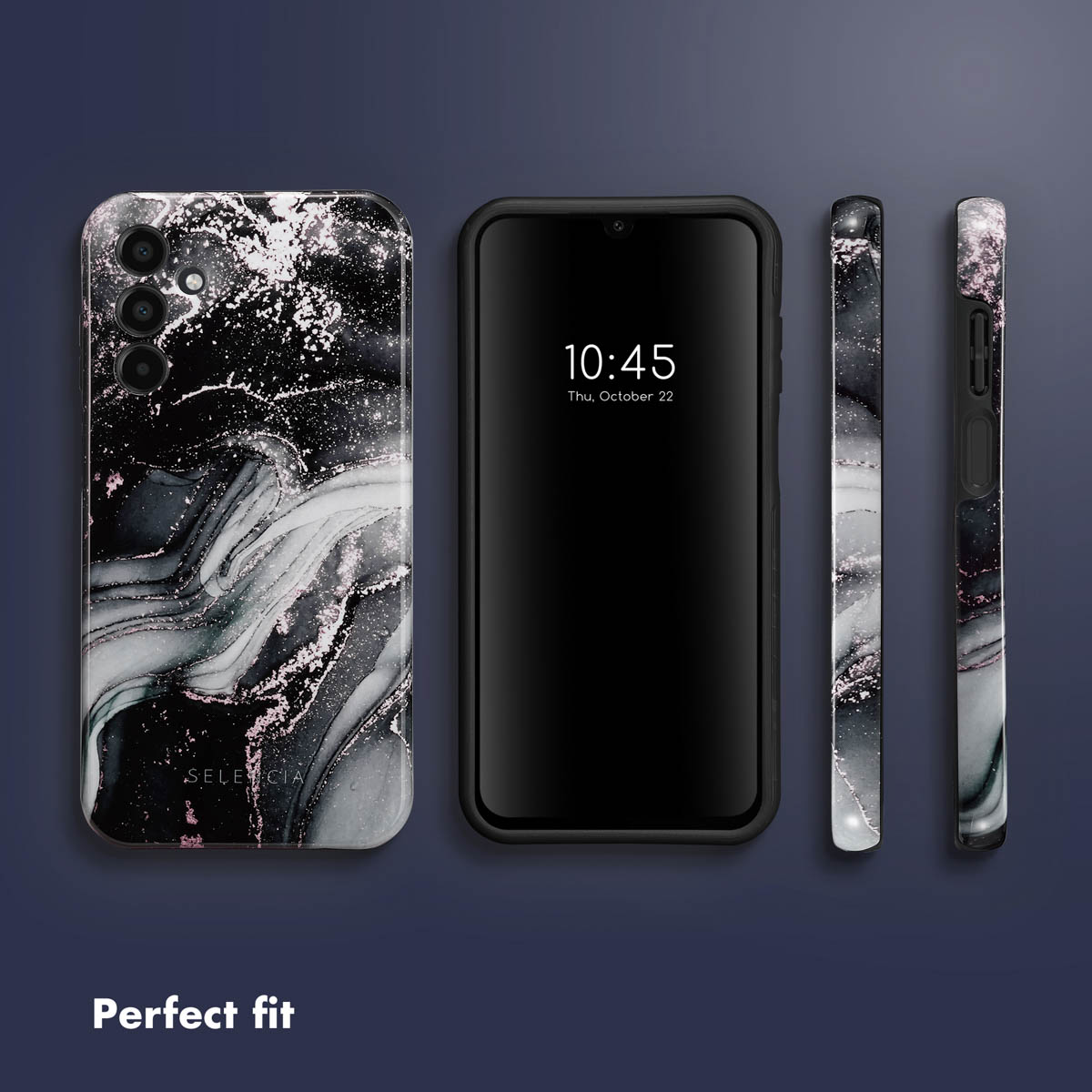 Un smartphone avec une coque en marbre noir et blanc avec des paillettes roses.