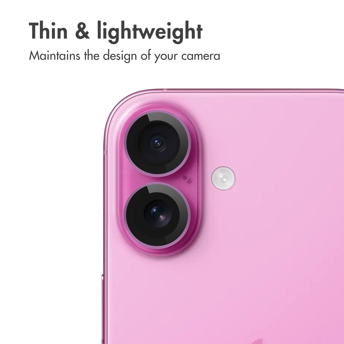Close-up van een roze telefoon cameramodule met twee lenzen en tekst.