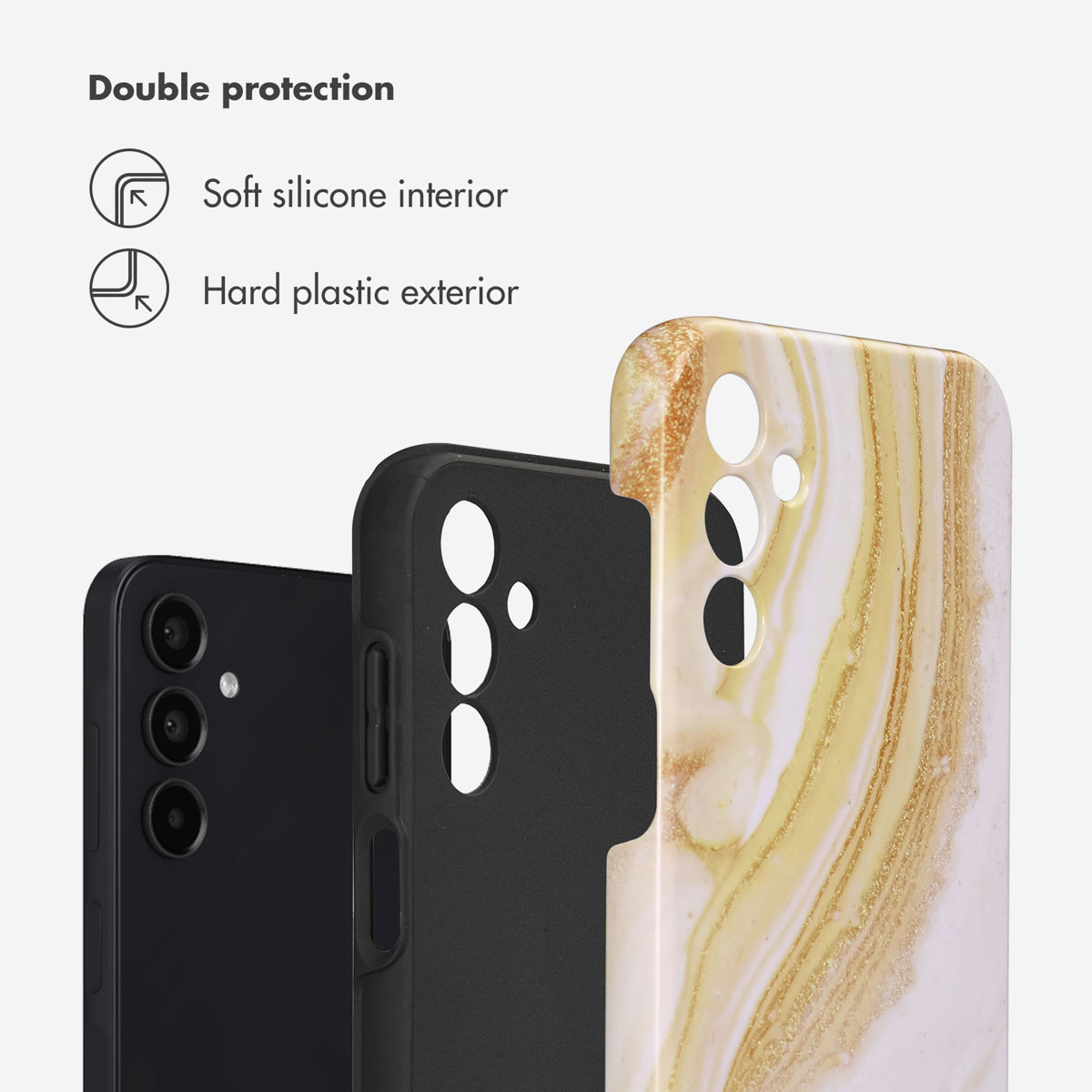 Coque de téléphone avec intérieur en silicone souple et extérieur en plastique rigide, découpes caméra.