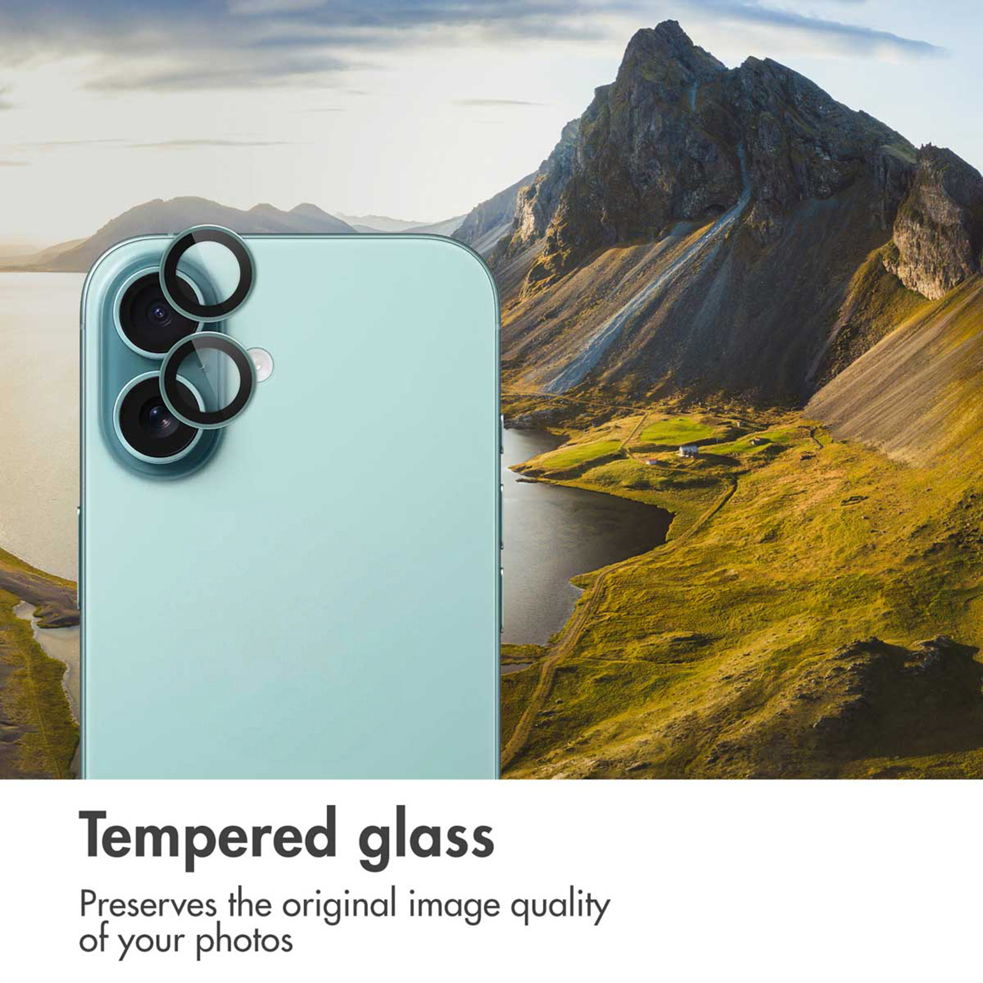 Groene smartphone voor een berglandschap met een meer en tekst 'Tempered glass'.