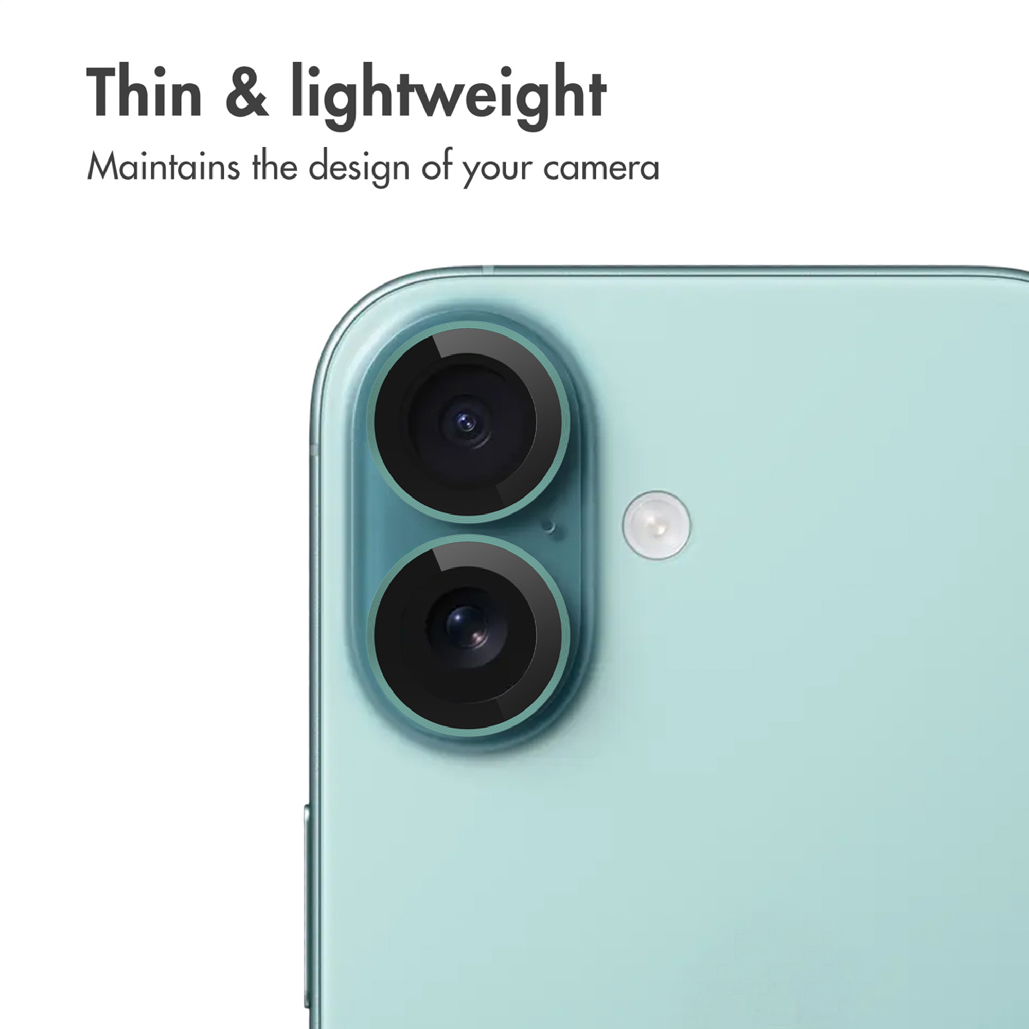Close-up van een lichtgroene smartphone dubbele camera met zwarte lenzen tegen een witte achtergrond met tekst.