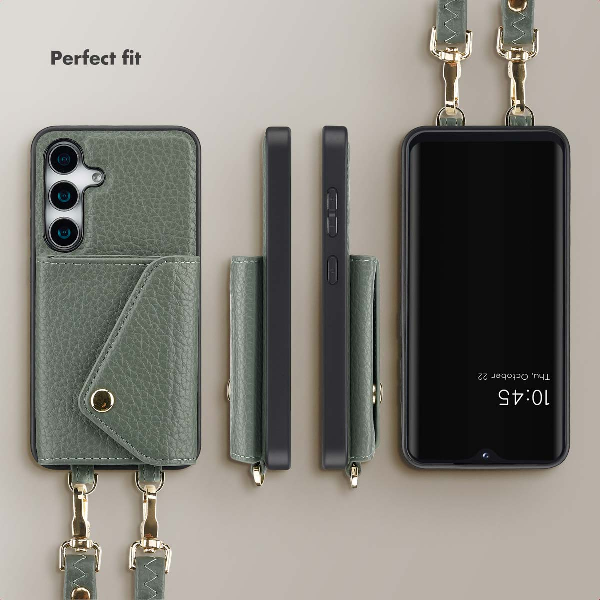Custodia per telefono in pelle verde con porta carte, tracolla e più angolazioni su sfondo chiaro.