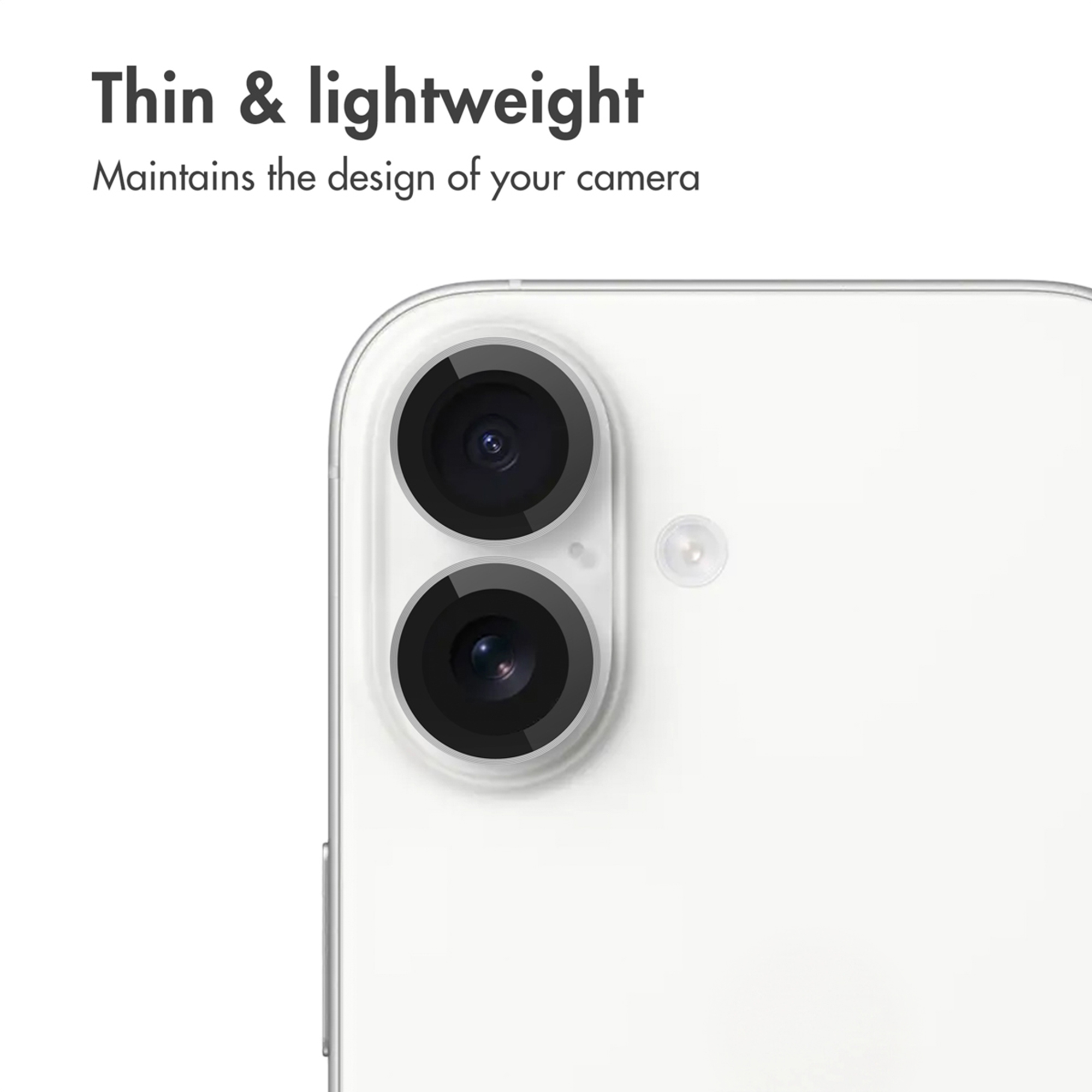 Achterkant van een witte smartphone met twee verticale cameralenzen en de tekst Dun en licht.