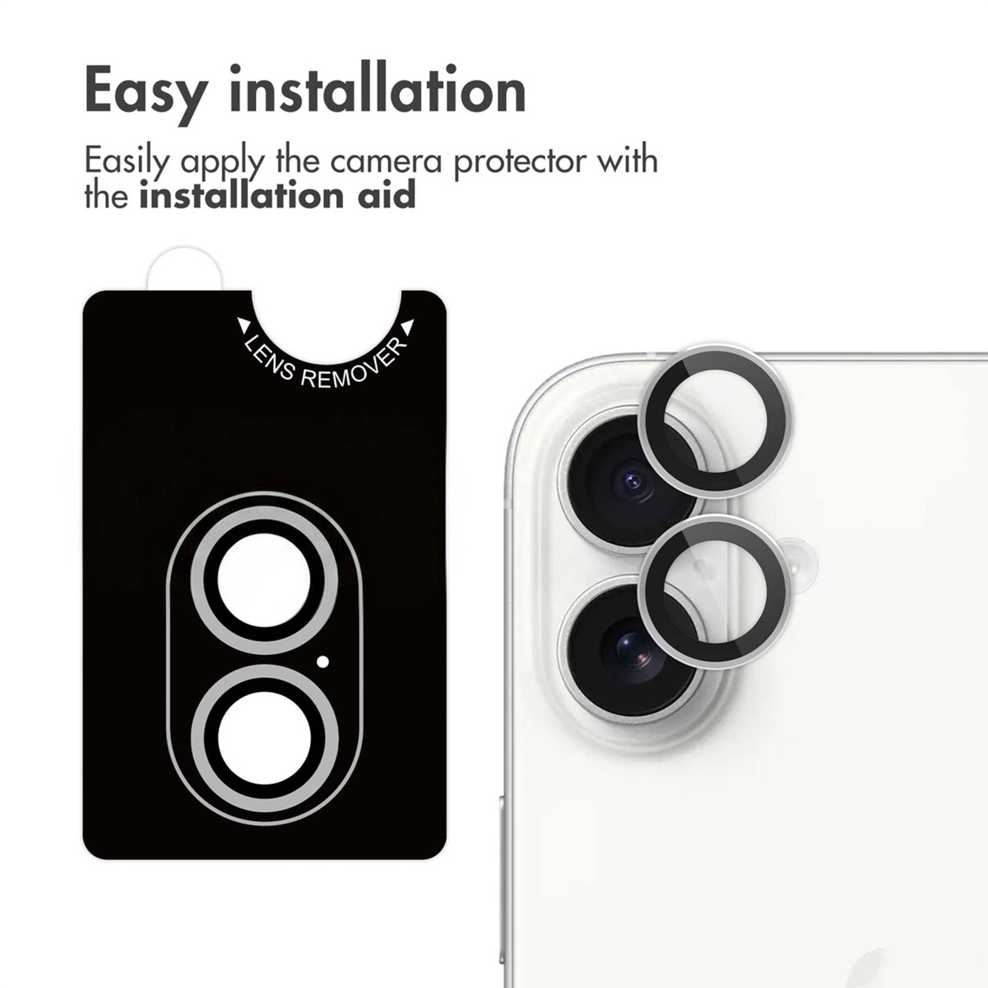 Installatiehulp voor telefooncamerabeschermers naast een witte telefoon.