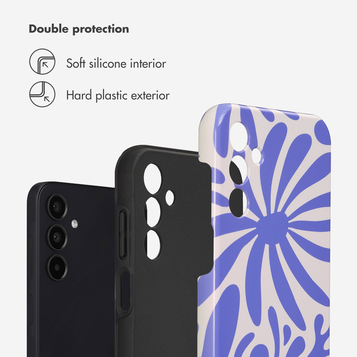 Schéma montrant une double protection avec intérieur en silicone souple et extérieur rigide.