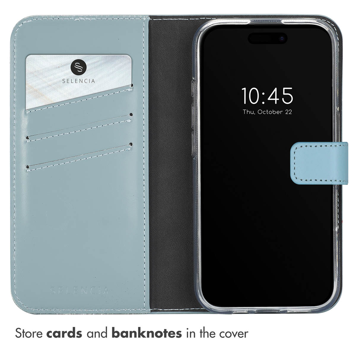 Hellblaue Handy-Brieftasche mit Kartenfächern und einem Smartphone im Inneren.