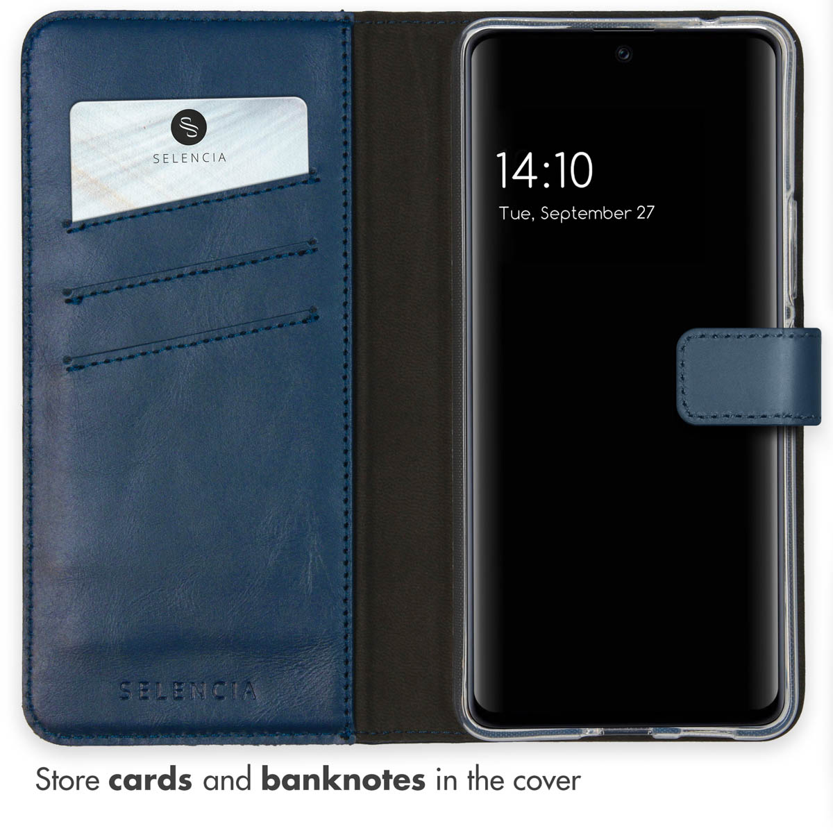Étui portefeuille en cuir bleu pour smartphone avec fentes pour cartes et une carte Selencia.