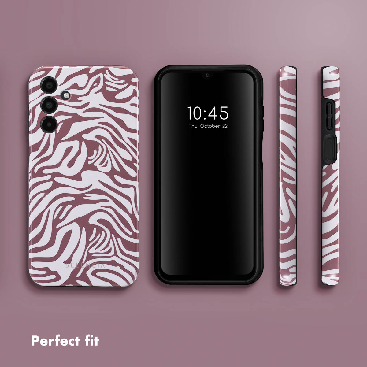 Un smartphone sous plusieurs angles avec une coque rose et blanche à motif zèbre.
