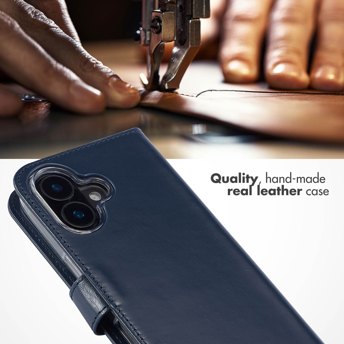 Mains cousant du cuir marron, en dessous une coque de téléphone en cuir bleu marine.