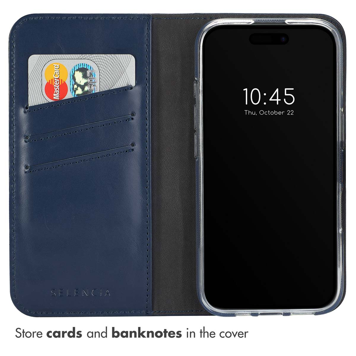 Un étui de téléphone bleu ouvert avec une fente pour carte contenant une carte, et un smartphone à droite.