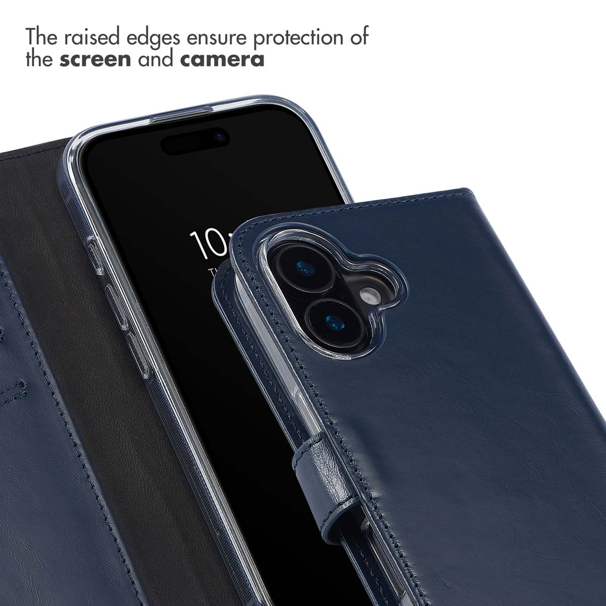 Coque de téléphone en cuir bleu avec bords surélevés pour la protection.