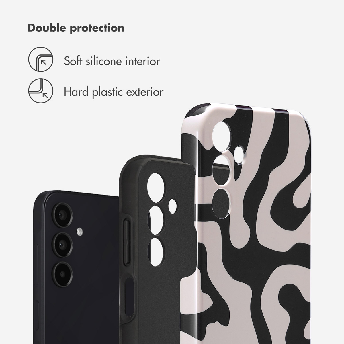 Double protection : Intérieur en silicone souple et extérieur en plastique rigide sur trois coques.
