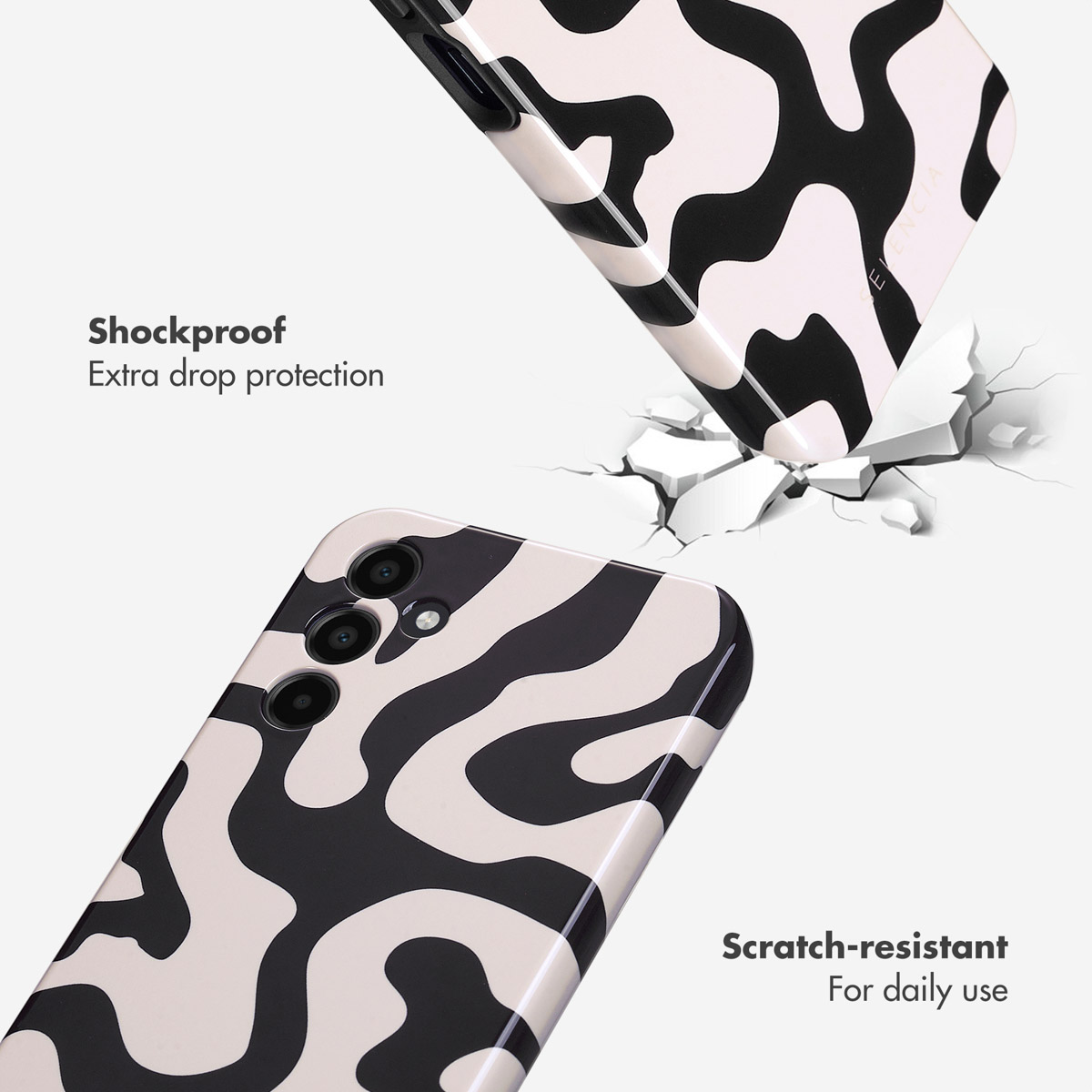 Coque de téléphone antichoc et anti-rayures avec motif vache noir et blanc.