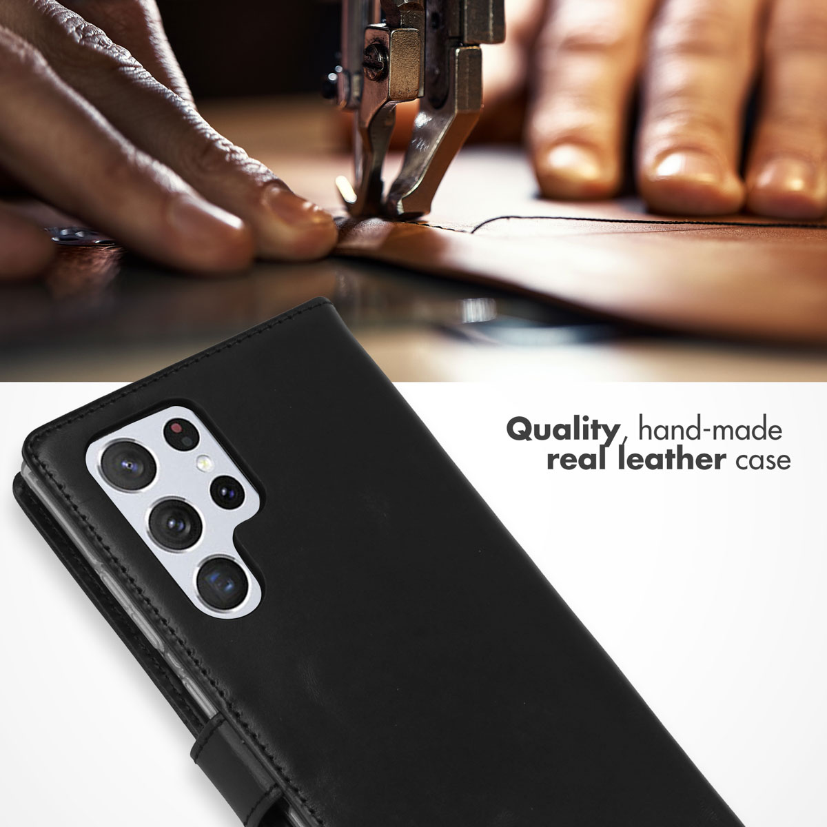 Un étui de smartphone en cuir noir avec du texte sur un fond flou d'une machine à coudre.