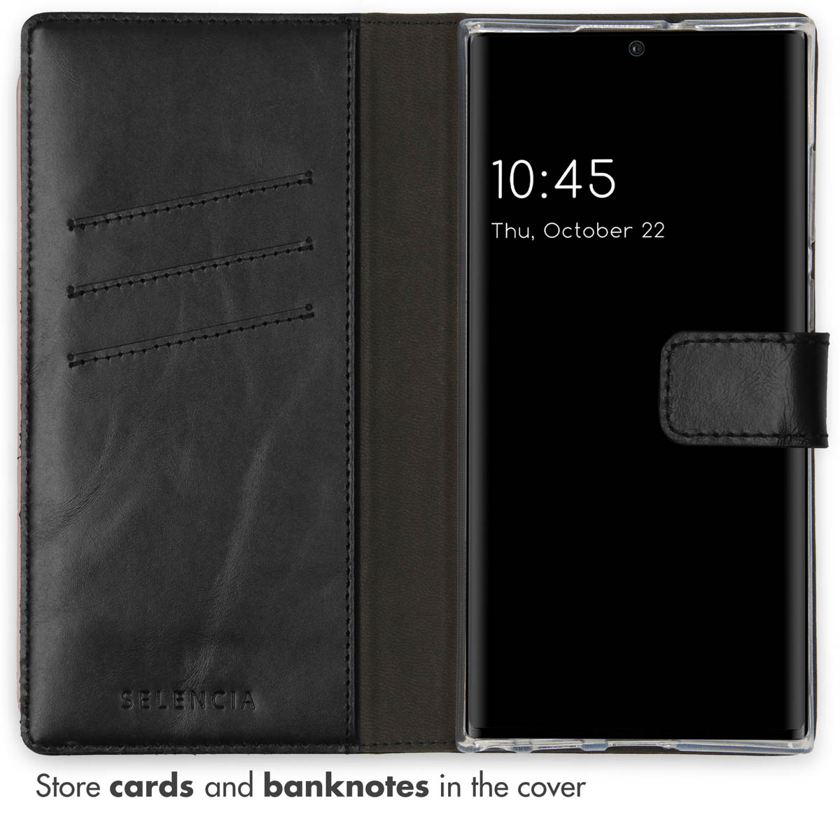 Un étui de smartphone en cuir noir avec des fentes pour cartes et un téléphone affichant 10:45.