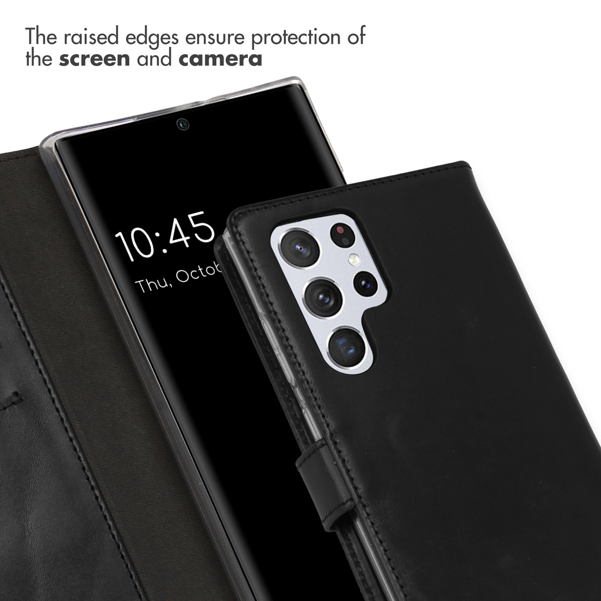 Un smartphone noir avec étui en cuir et bords surélevés pour protection.