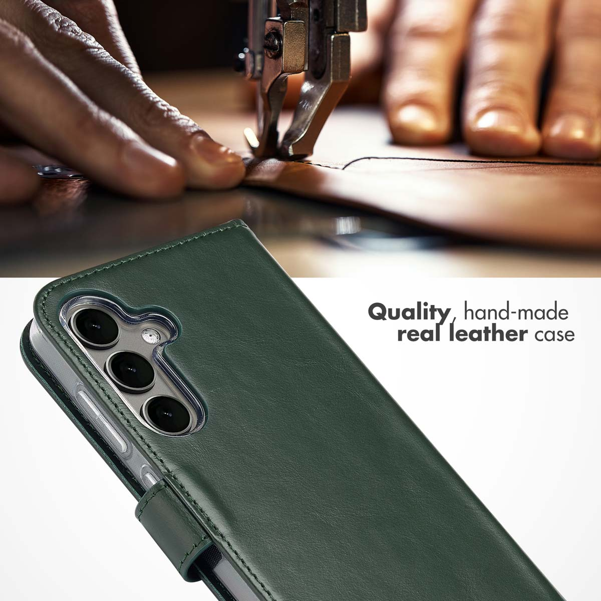 A green leather phone case, with hands sewing leather in the blurred background, and text about hand-made leather.
