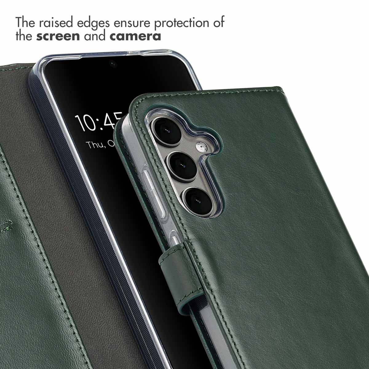 Green leather flip case for smartphone with raised edges protecting the screen and camera.