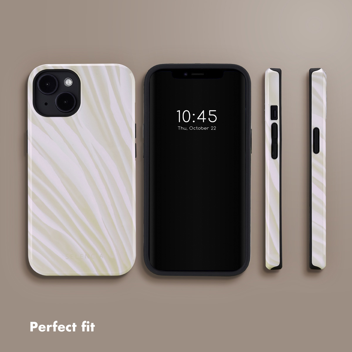 Cuatro vistas de un smartphone con funda de cebra blanca y verde claro, mostrando hora y fecha en pantalla negra.