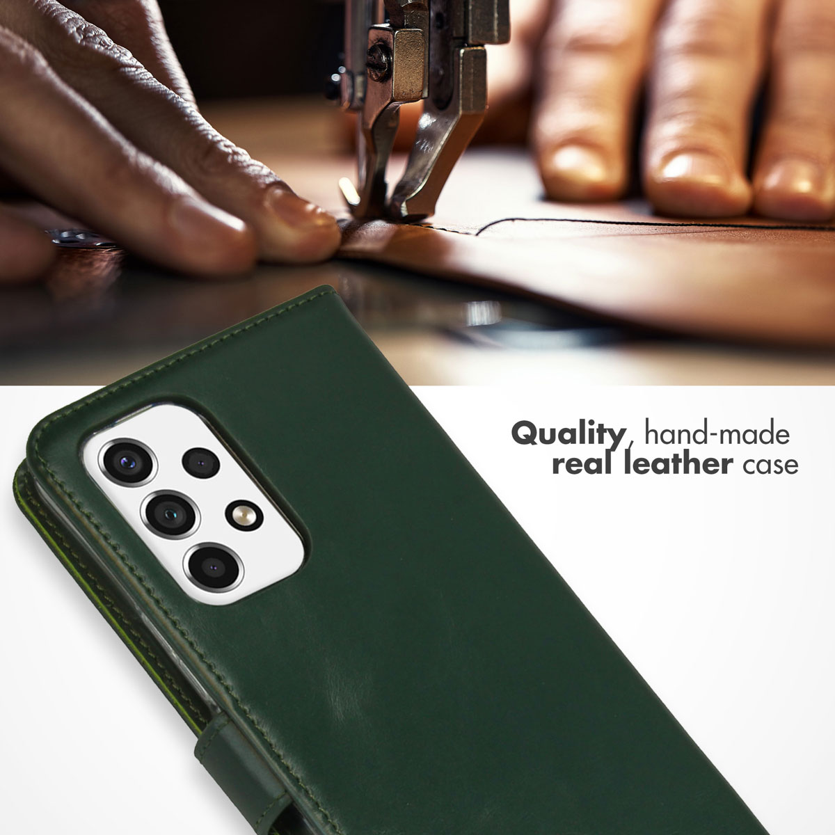 Étui de téléphone en cuir vert cousu main avec plusieurs caméras.