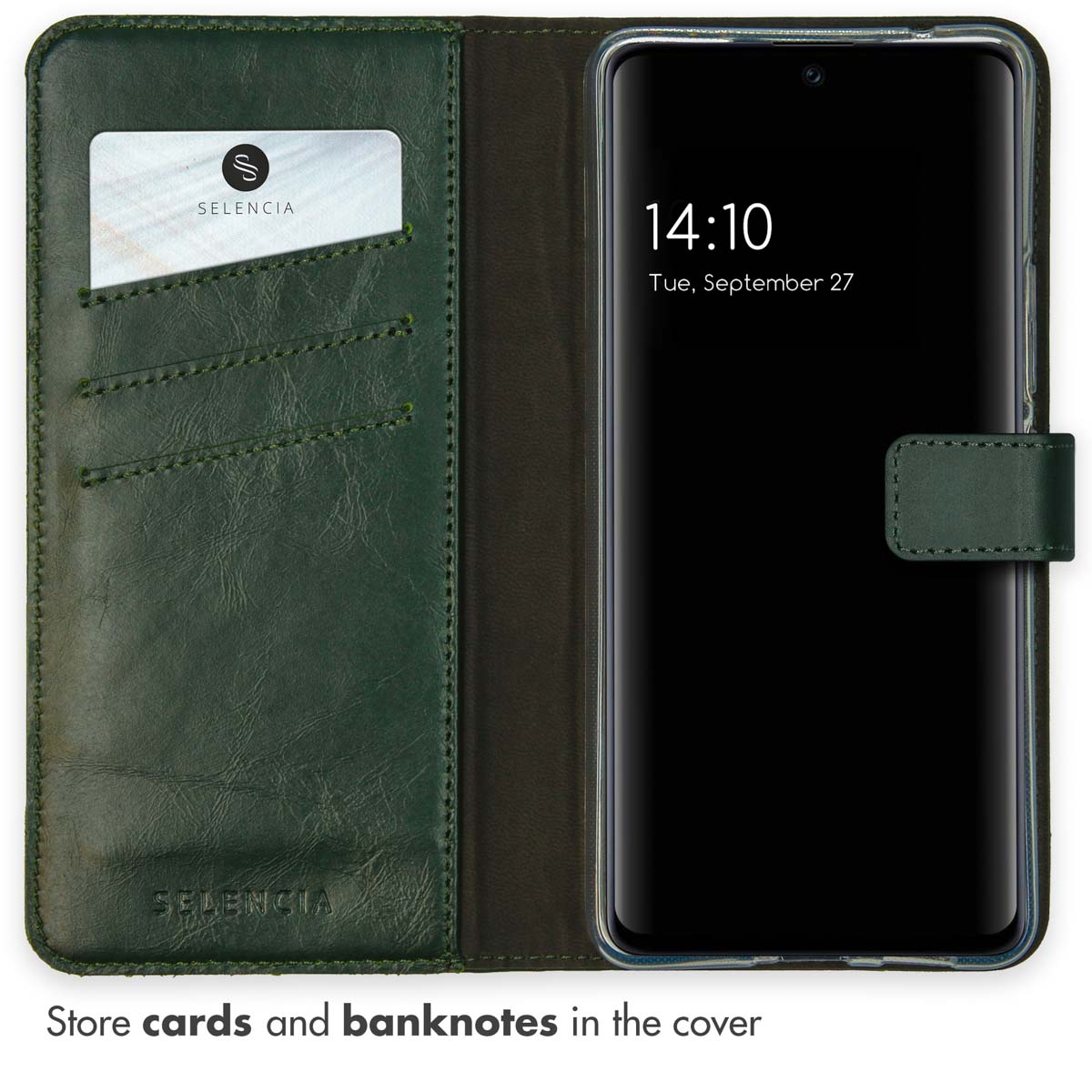 Étui de téléphone en cuir vert avec fentes pour cartes et smartphone à droite.