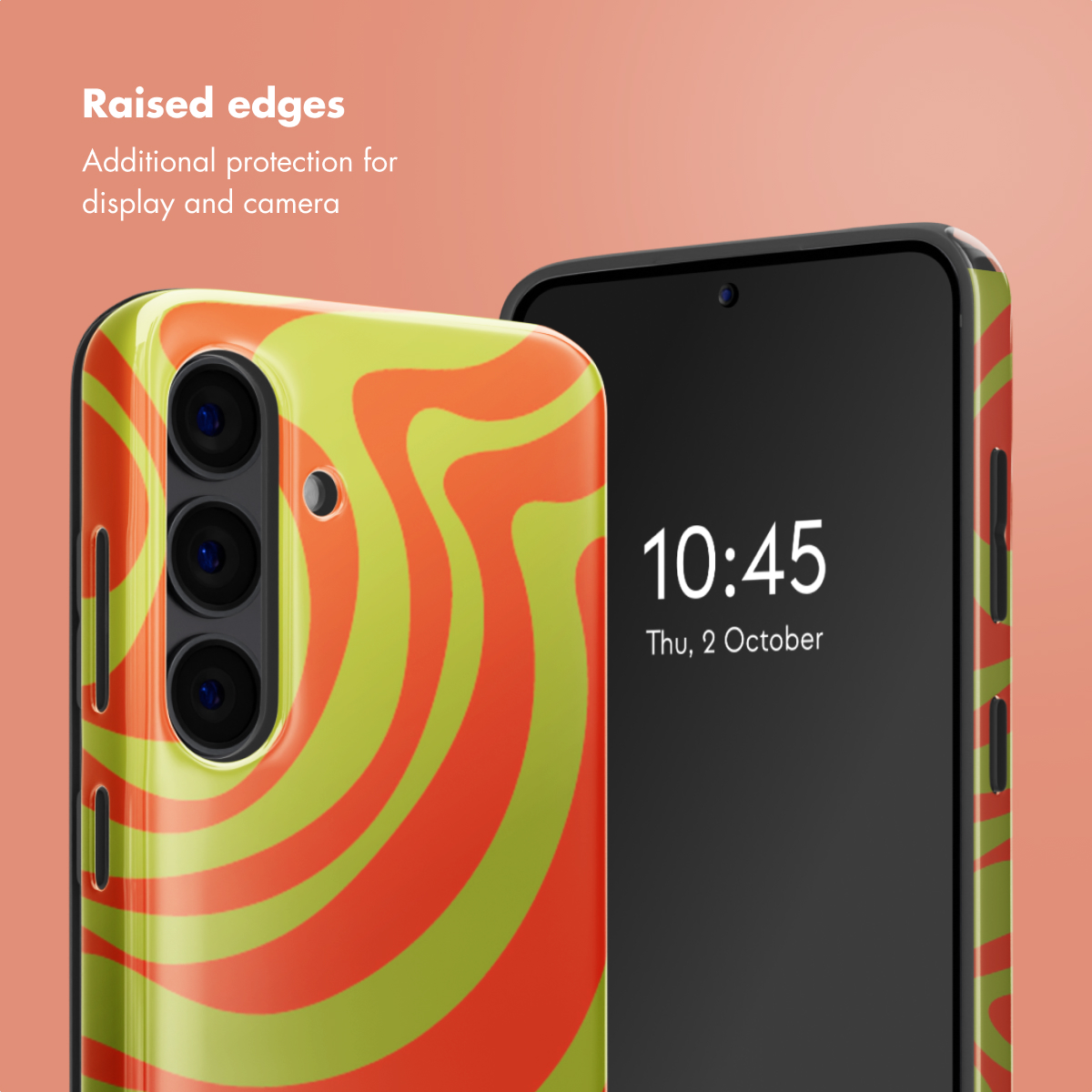 Smartphone con funda de ondas naranja y verde y texto sobre bordes elevados.
