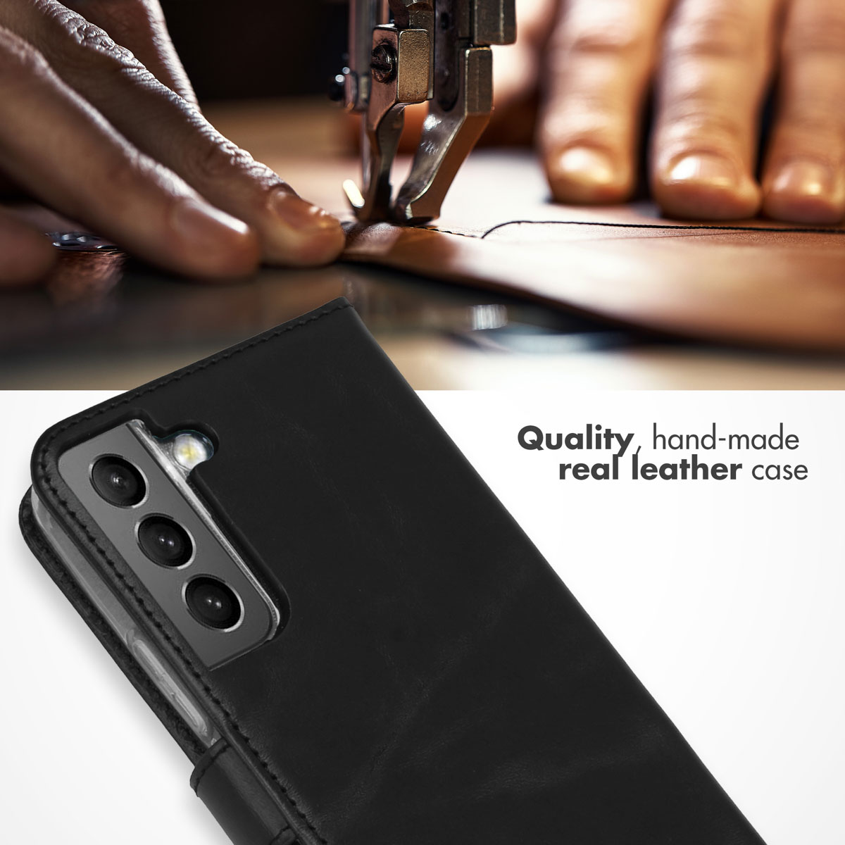 Étui de téléphone en cuir véritable noir fait main avec une machine à coudre en arrière-plan.