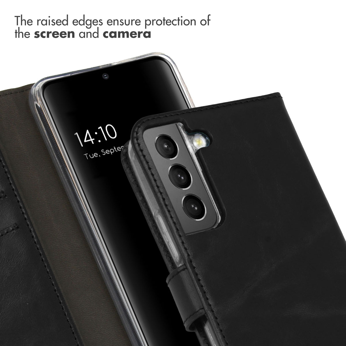 Coque de téléphone en cuir noir avec triple caméra arrière et écran de smartphone.