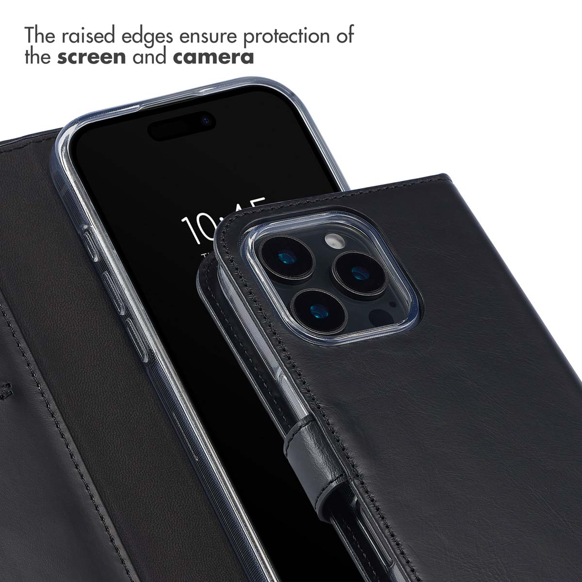 I bordi rialzati proteggono lo schermo e la fotocamera di uno smartphone nero in custodia di pelle.