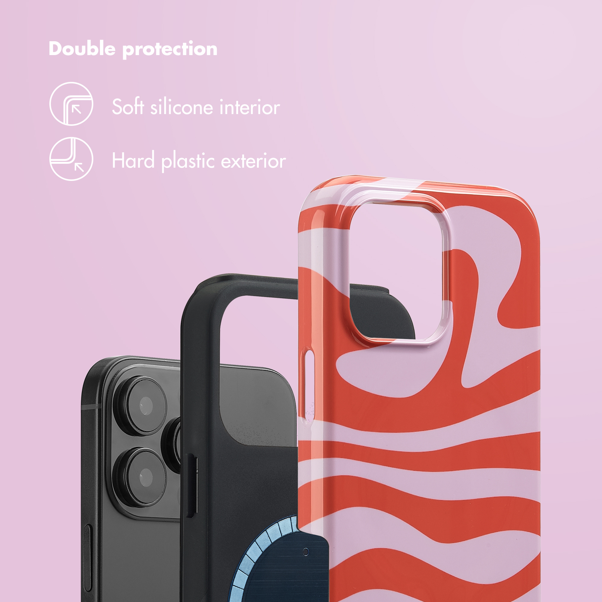 Custodia per telefono con interno in morbido silicone ed esterno in plastica rigida, motivo a onde rosse e bianche.