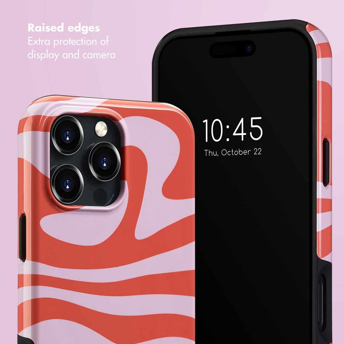 Uno smartphone in custodia rosa e rossa con motivo ondulato su sfondo rosa.