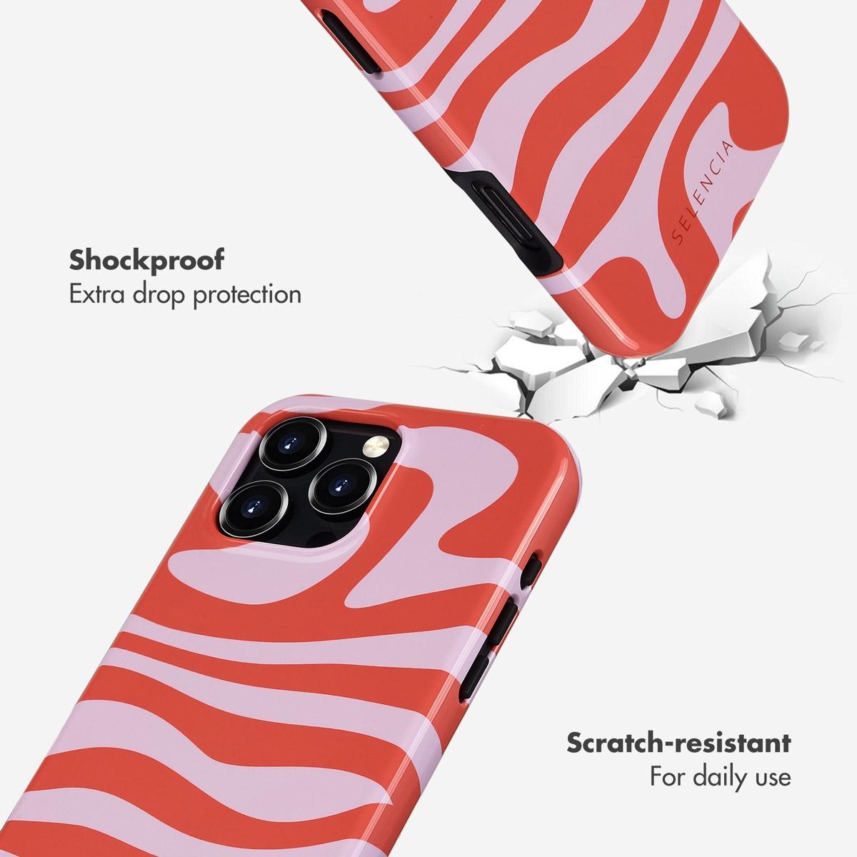 Due cover rosse con onde rosa, testo antiurto e antigraffio su sfondo bianco.