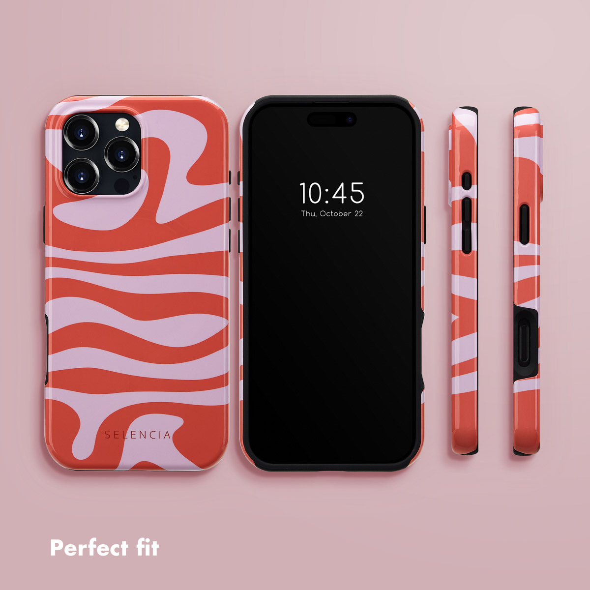 Uno smartphone in una custodia ondulata rossa e rosa, mostrato da più angolazioni con il testo 'Vestibilità perfetta'.