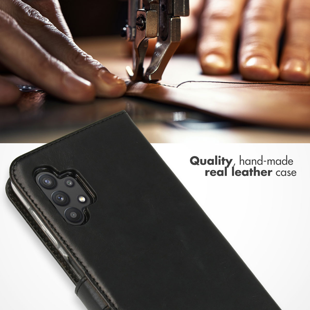 Handgemaakt zwart lederen telefoonhoesje onder een naaimachine, met de tekst Quality hand-made real leather case.