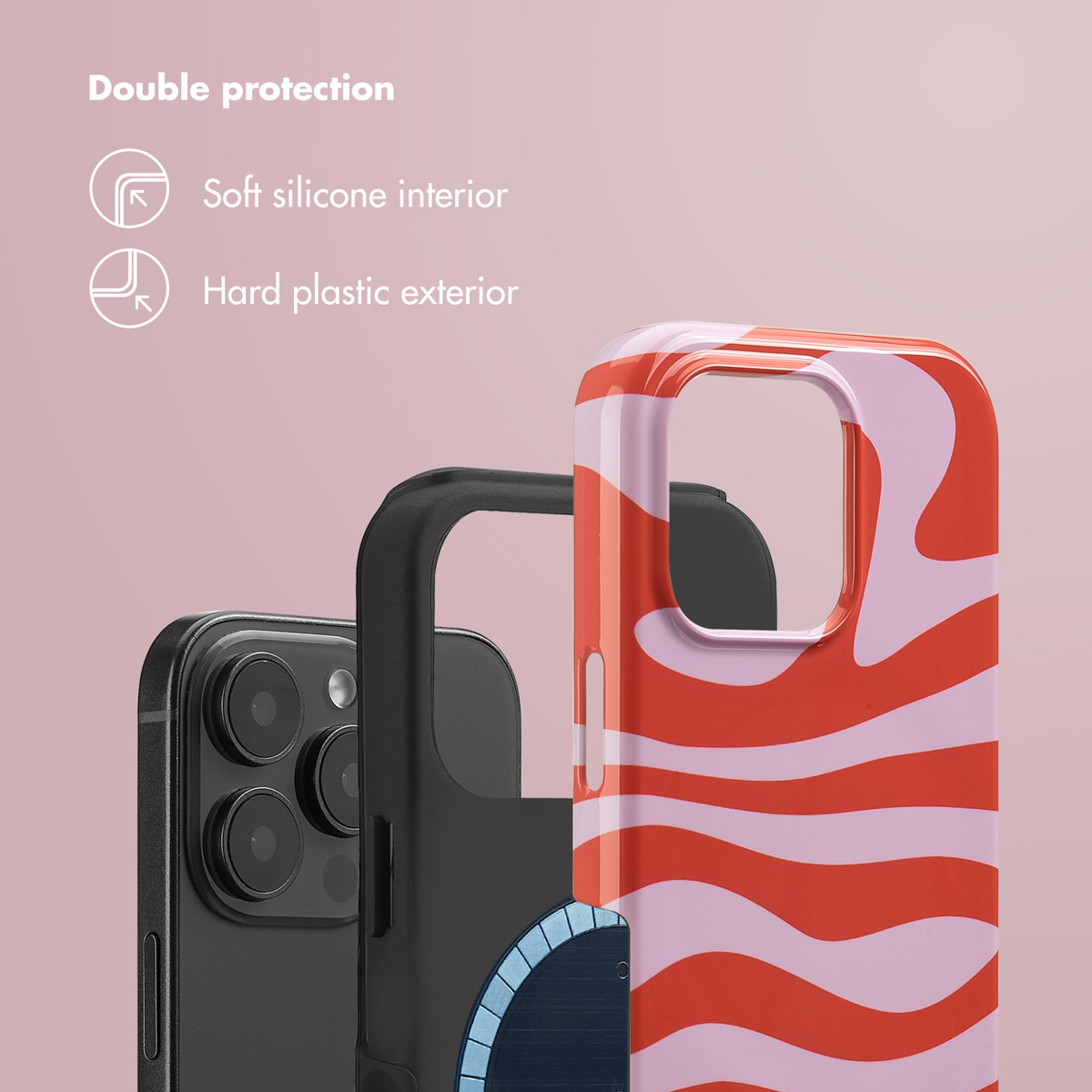 Custodia per telefono con motivo ondulato rosso e rosa, interno in morbido silicone ed esterno in plastica rigida.