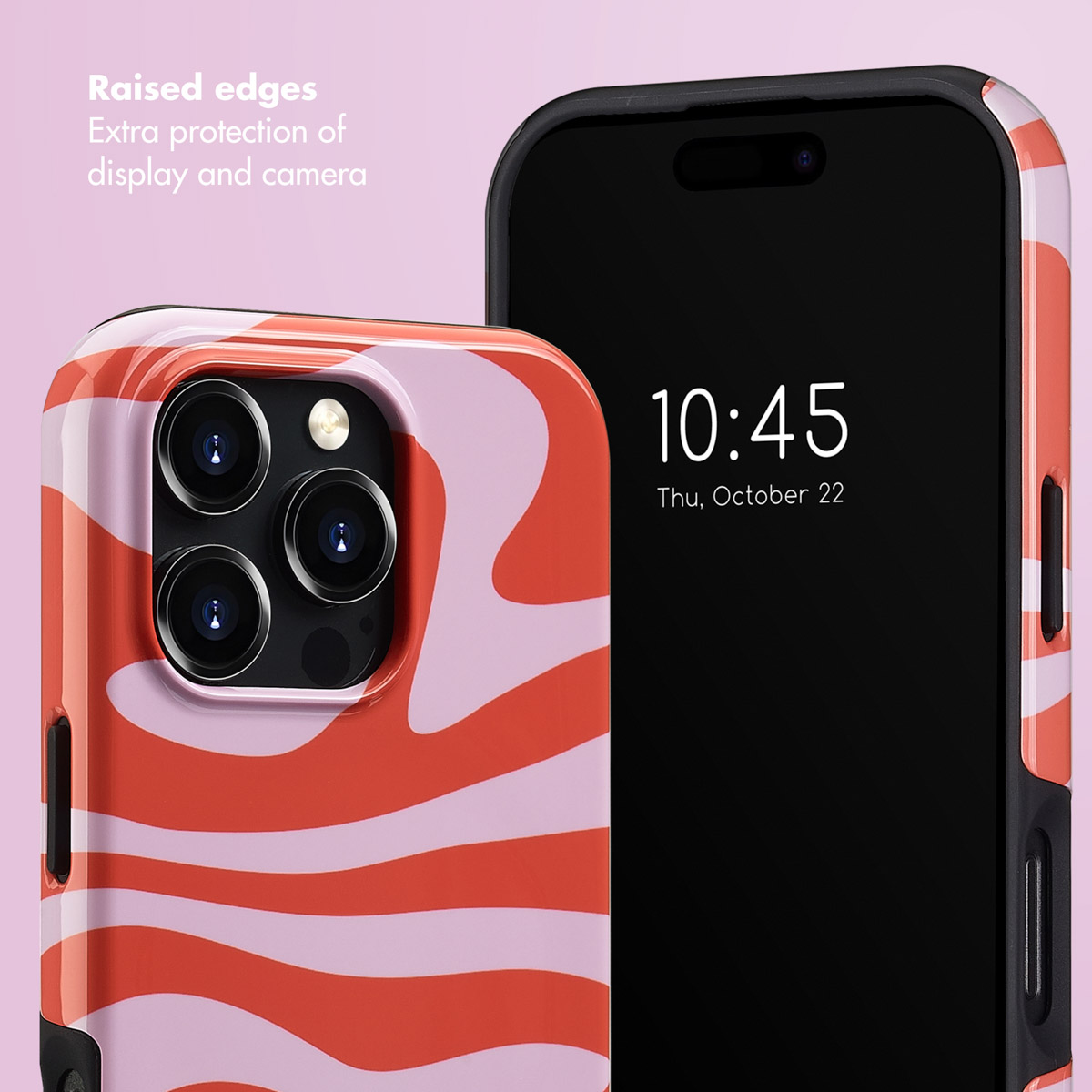 Due smartphone in custodie protettive con motivo ondulato rosso e rosa su sfondo rosa.