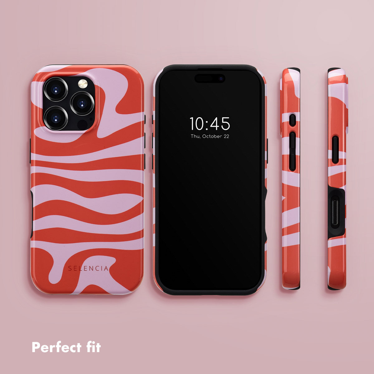 Diverse viste di uno smartphone con una custodia con motivo ondulato rosso e rosa.