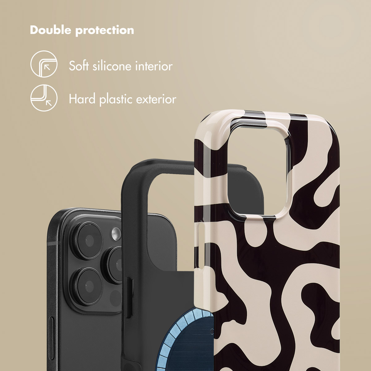 Doppia protezione con interno in morbido silicone ed esterno in plastica rigida.