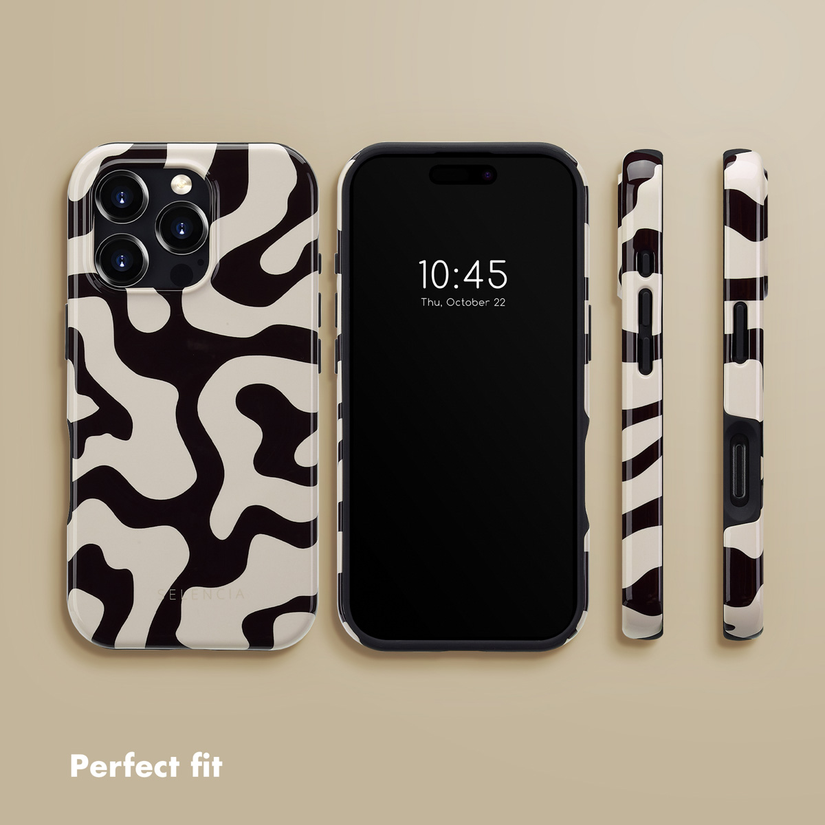 Quattro viste di uno smartphone con cover a stampa astratta nera e beige.