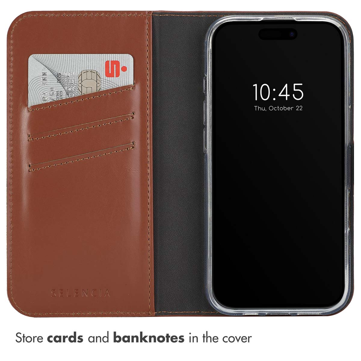 Custodia per telefono in pelle marrone con fessure per carte e carta di banca, accanto a un telefono con le 10:45.