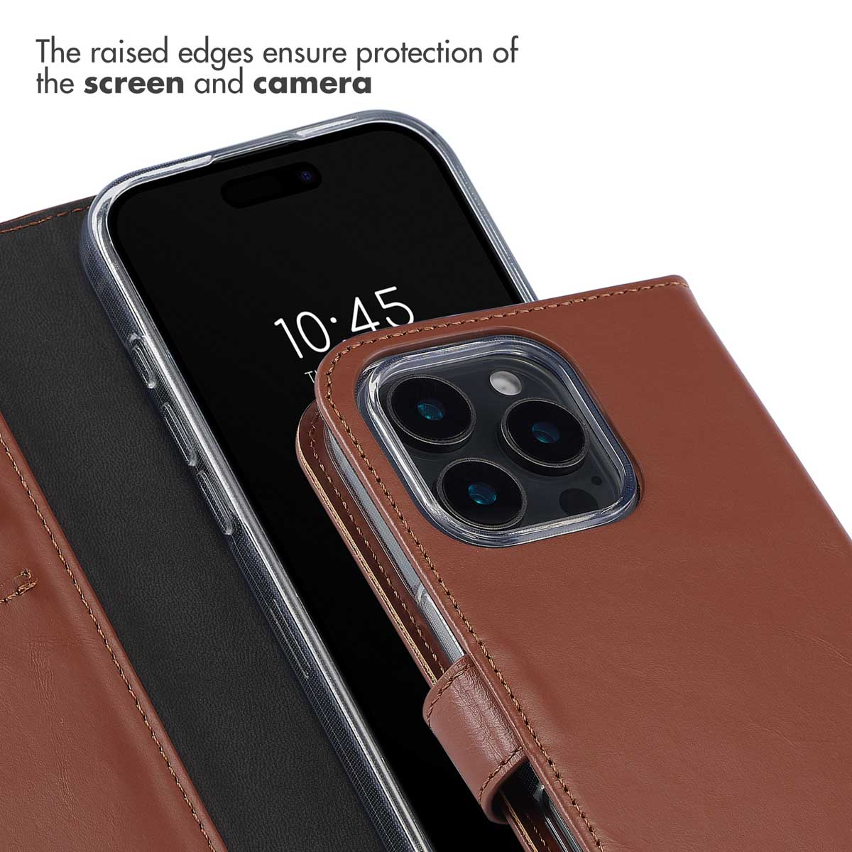 I bordi rialzati proteggono lo schermo e la fotocamera di uno smartphone in custodia di pelle.