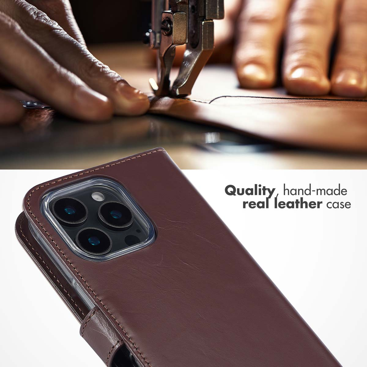 Custodia in pelle marrone fatta a mano per smartphone con cuciture visibili.