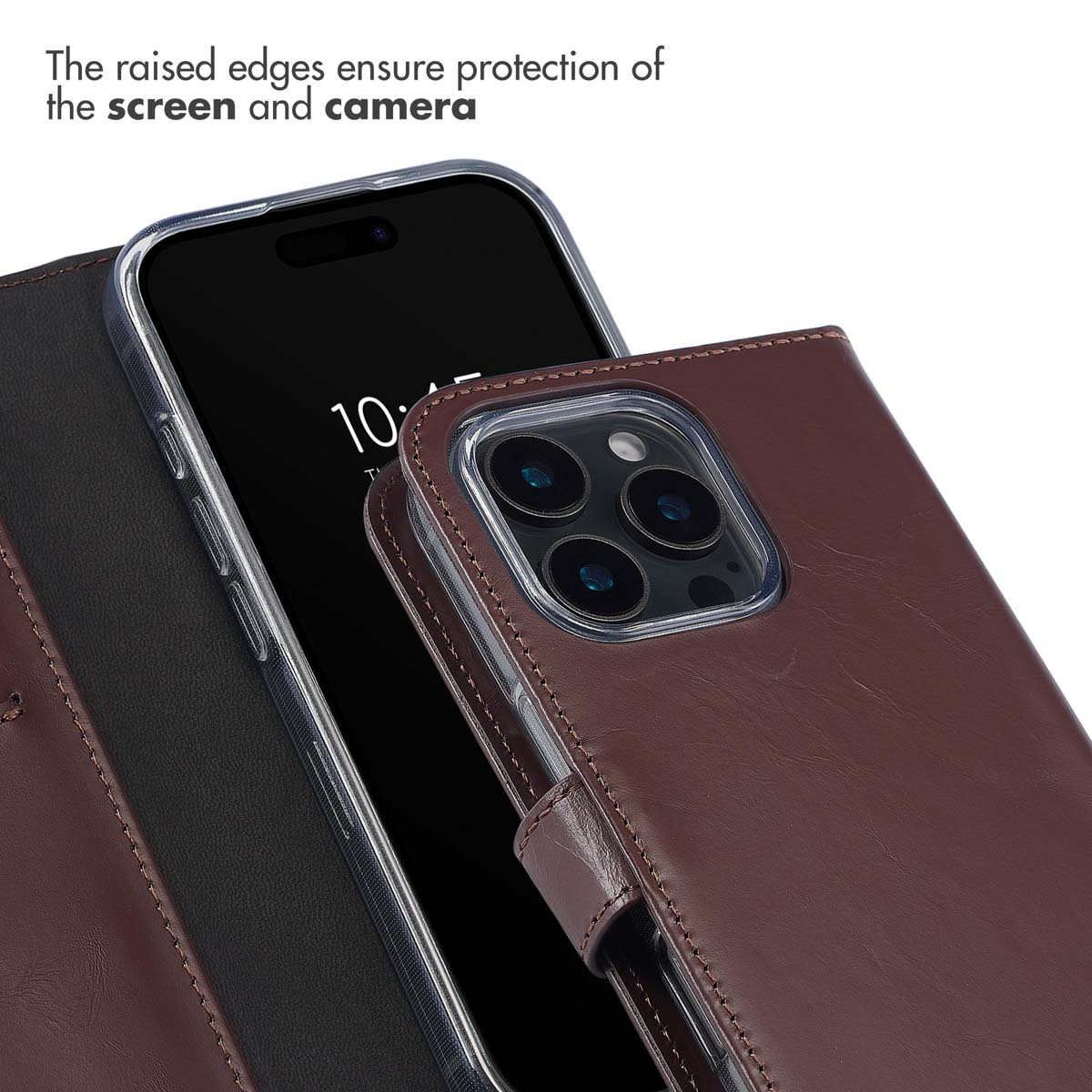 Uno smartphone in una custodia in pelle marrone con bordi rialzati.