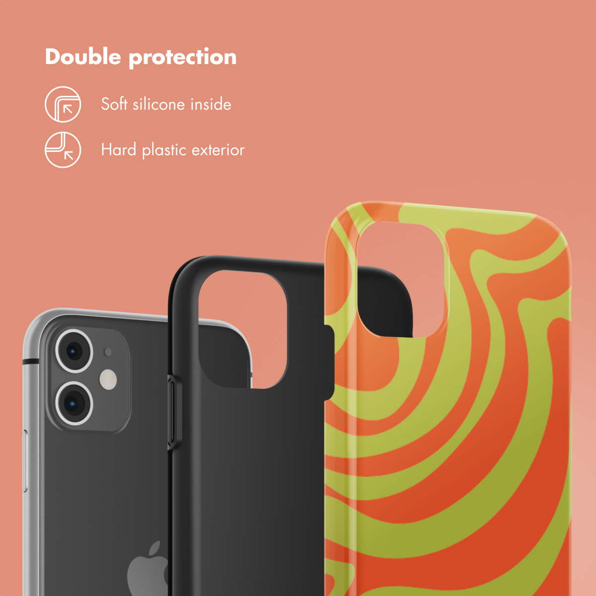 Doble protección: silicona suave por dentro y exterior de plástico duro, mostrado con fundas.
