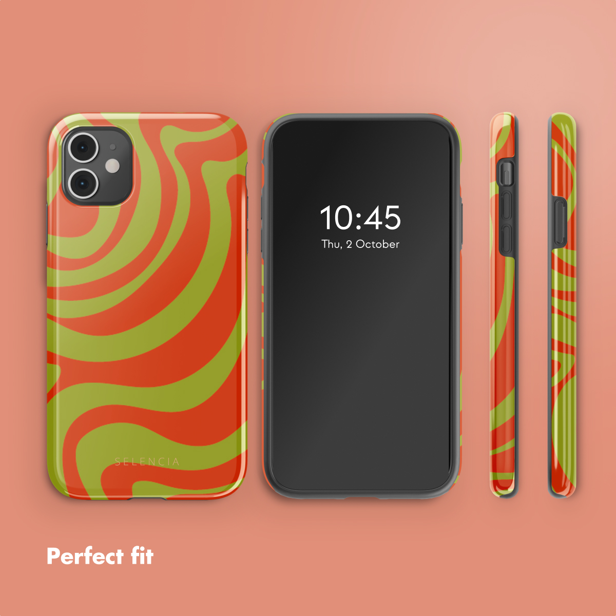 Funda de móvil con un patrón remolino naranja y verde sobre fondo naranja.